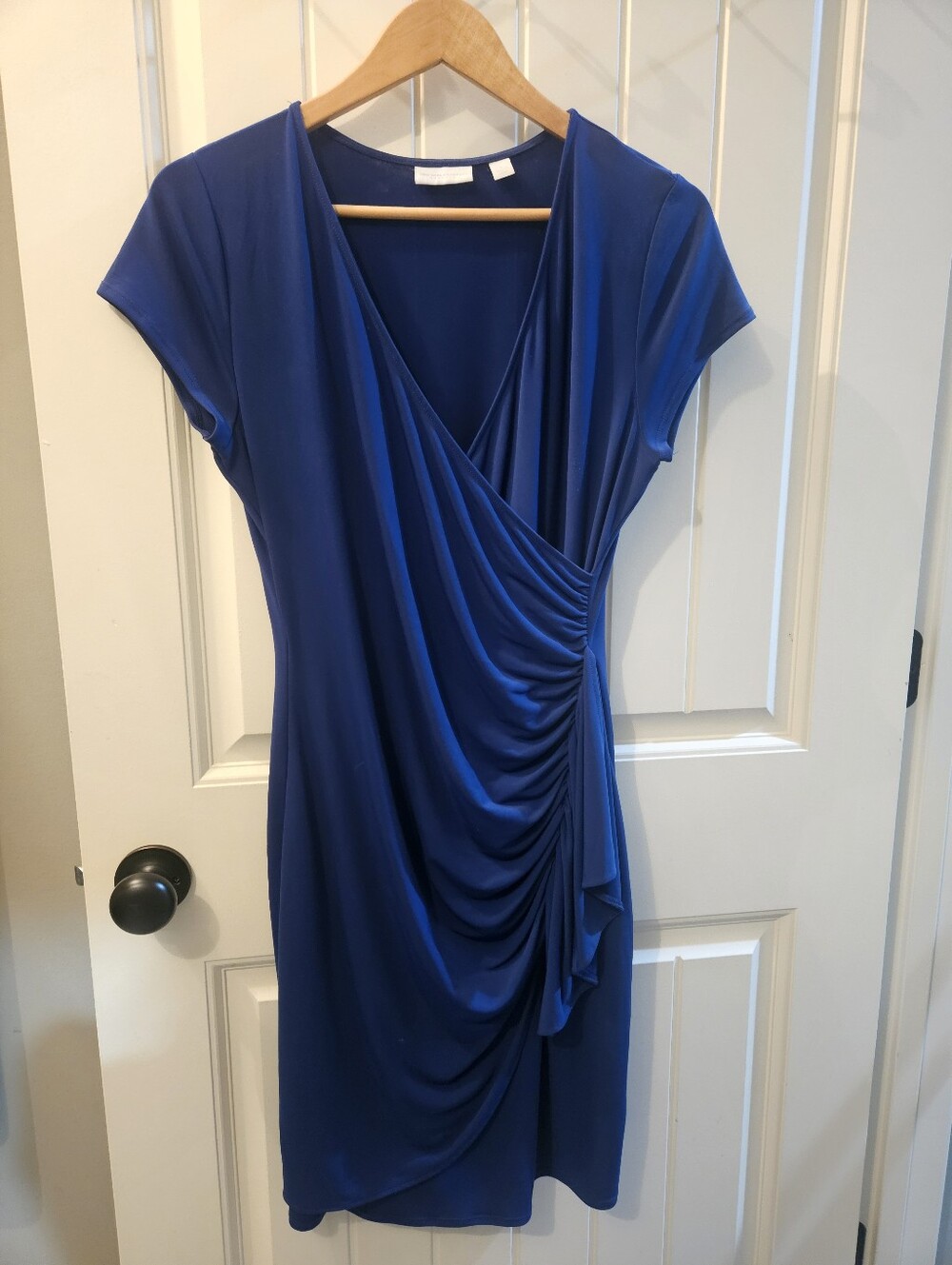 New York & Company Royal Blue Faux-Wrap Ruched Midi Dress